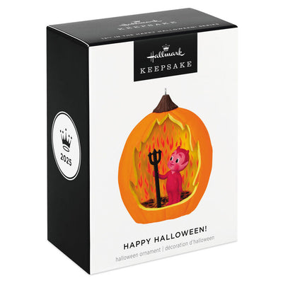 Halloween ornament with jack-o'-lantern and friendly devil holding pitchfork against red flame backdrop