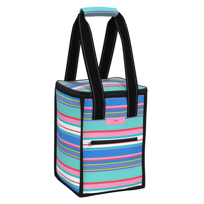 Summer Friyay medium soft cooler holds 5 wine bottles upright, insulated with zip closure and exterior storage pockets.