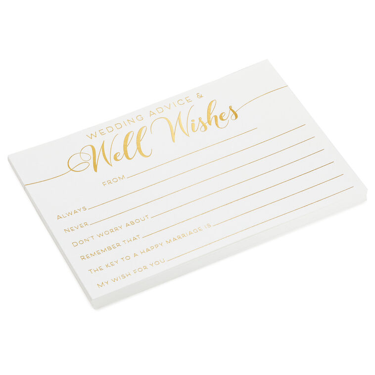 Wedding advice and well wishes note cards with gold foil lettering, includes 24 flat cards for special occasions.