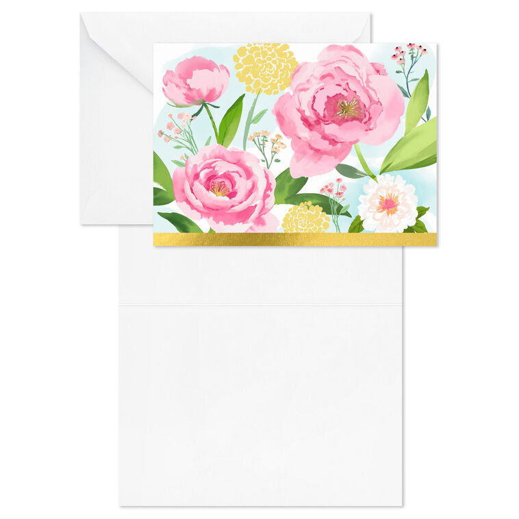 Pink and yellow floral note cards with green leaves on a sky-blue background, framed with gold foil border.
