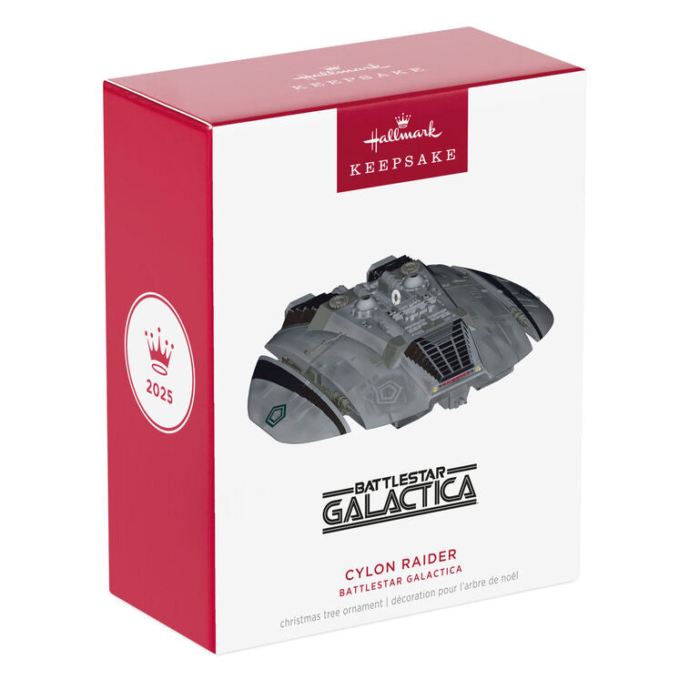 Cylon Raider ornament, detailed saucer-shaped spacecraft from Battlestar Galactica, Hallmark Keepsake Christmas decoration.