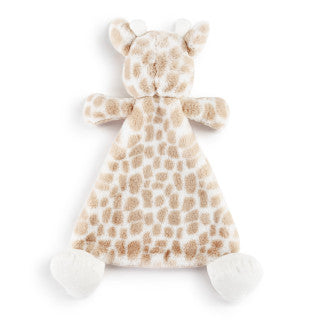 Yellow plush giraffe rattle blankie with embroidered face, ultra-soft fabric, and 13-inch cuddly shape.

