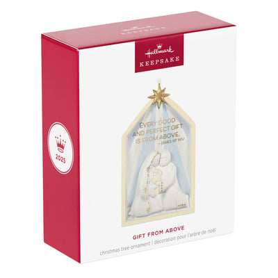 Porcelain nativity ornament with Holy Family, Star of Bethlehem, white and gold design, scripture verse, Christmas decor

