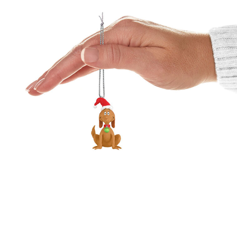 Mini Max dog ornament with Santa hat and green collar tag, Grinch’s loyal companion, Hallmark Dr. Seuss Christmas collectible
