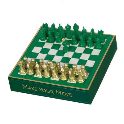 Chess ornament with green and gold pieces on green and white checkerboard, holiday decor for chess enthusiasts

