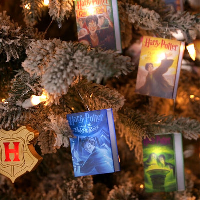 7-foot Harry Potter string lights with sculpted books and Hogwarts crests, white LED glow and clear wire.

