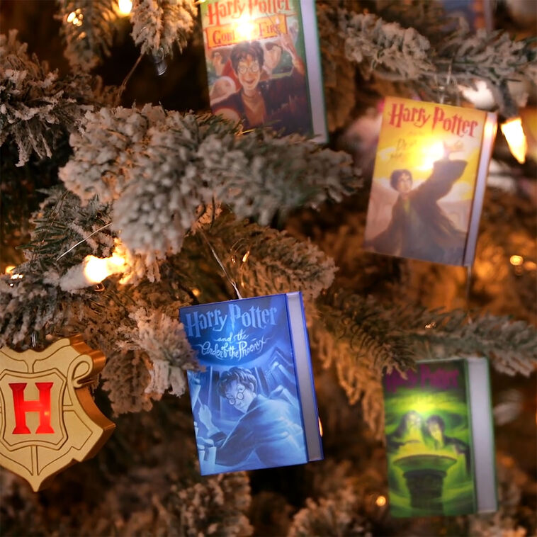 7-foot Harry Potter string lights with sculpted books and Hogwarts crests, white LED glow and clear wire.

