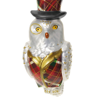 Hallmark Keepsake Dapper Owl glass ornament, owl in plaid vest, top hat, and monocle, with gold glitter accents.