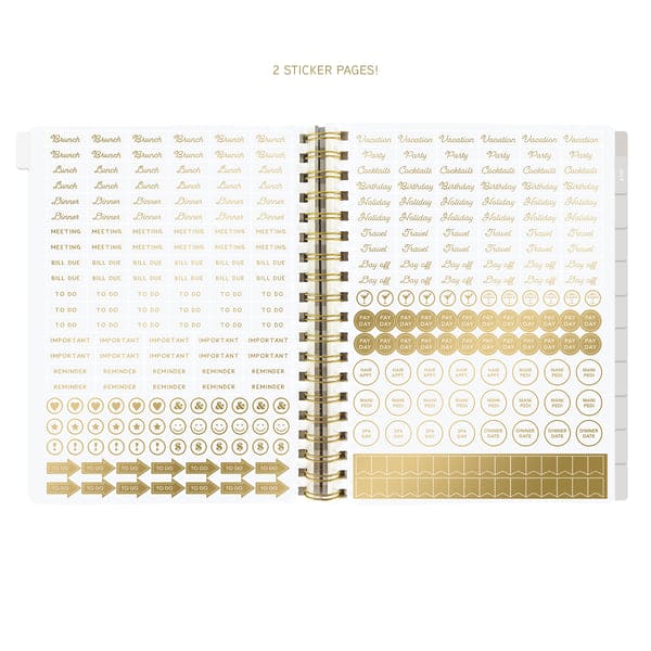 Graphique 6 x 8 hardbound spiral planner with playful cover, elastic band, laminated tabs, and gold foil stickers.

