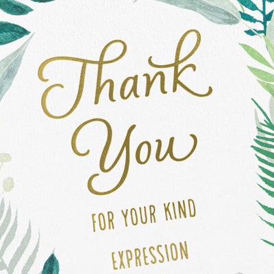 Sympathy cards with green fern border and gold foil thank you message, includes 10 blank cards and envelopes for loss or condolence notes