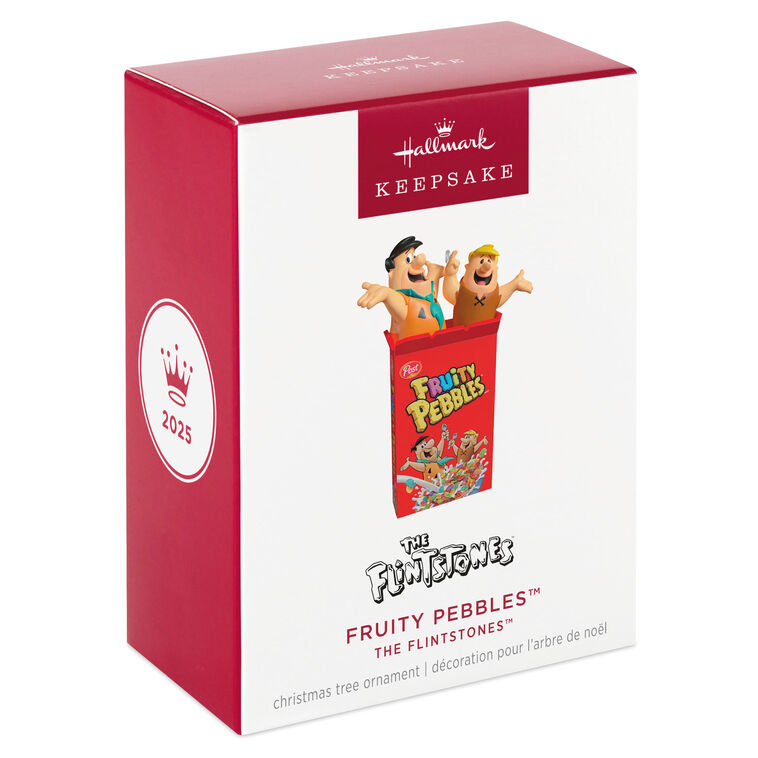 Hallmark Keepsake The Flintstones Fruity Pebbles ornament featuring Fred Flintstone and Barney Rubble in a red Fruity Pebbles cereal box.