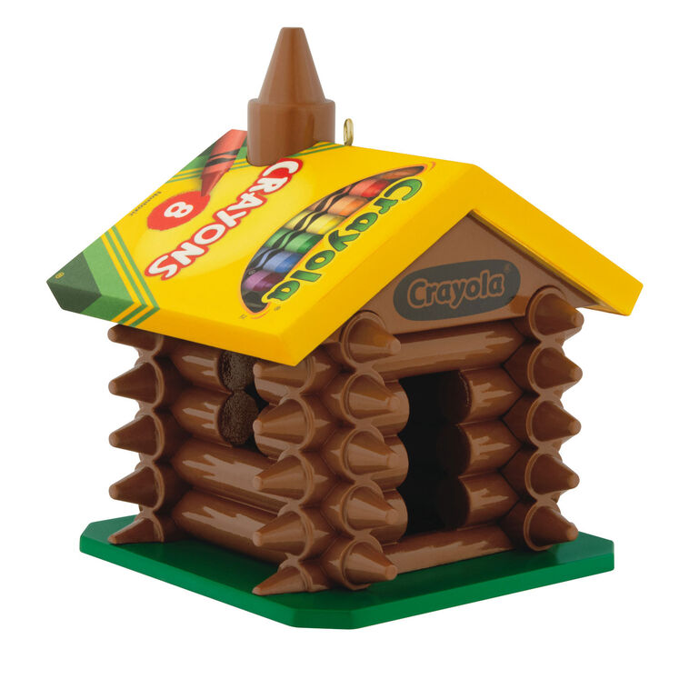 Crayola log cabin ornament made from brown crayons with yellow 8-count box roof, Hallmark Keepsake, holiday decor for kids or teachers.