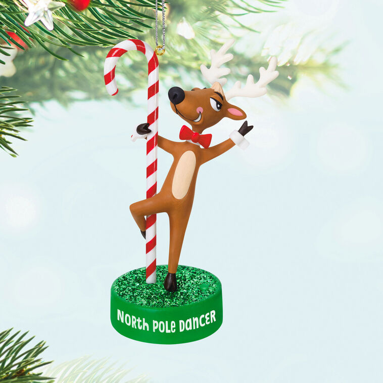 Reindeer Christmas ornament wearing red bow tie dancing around candy cane pole, with sound and battery operated


