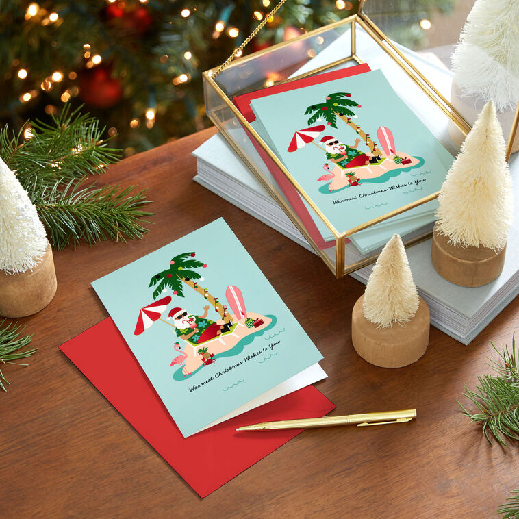 Tropical Santa and Palm Tree Boxed Christmas Cards, Pack of 16