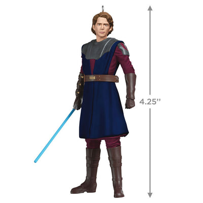Mini Anakin Skywalker ornament in blue and burgundy Jedi armor holding blue lightsaber, Hallmark Star Wars Ahsoka Christmas collectible