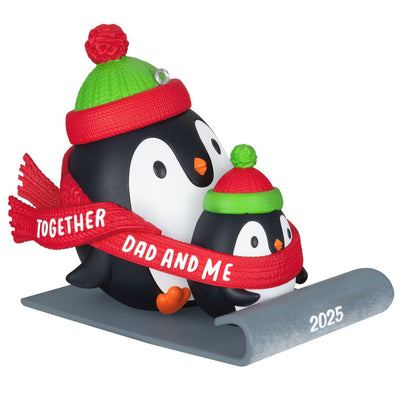 2025 Christmas ornament of dad and child penguins sledding, red scarf with sweet message, festive holiday decoration

