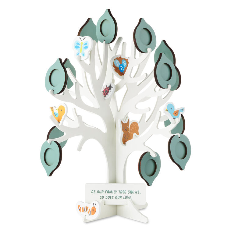 Wooden family tree nursery decor with 14 leaf-shaped picture frames, 7 animal cutouts, and sign, Hallmark, 14 inches
