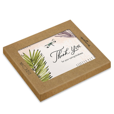 Thank-you cards with palm fronds and dragonfly on a blush and ivory background with soft matte finish.
