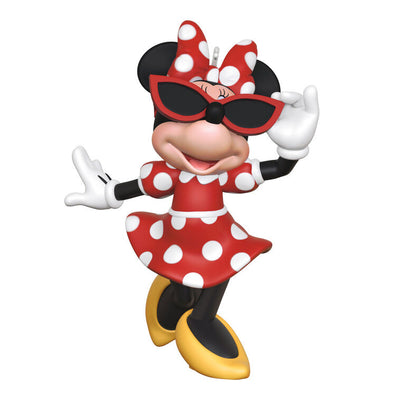 Hallmark Keepsake Disney Minnie Mouse Sunny Chic ornament featuring Minnie in a red polka dot dress, bow, and sunglasses, 2025 holiday collection.