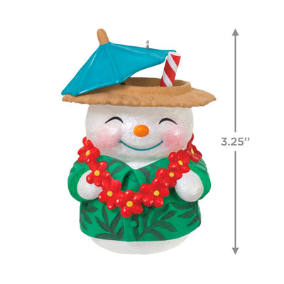 Snowman tiki drink ornament wearing green shirt and red lei with cocktail umbrella and striped straw, festive holiday decor

