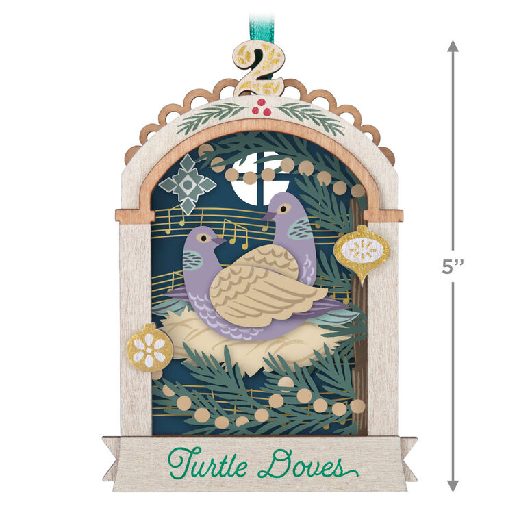 Hallmark Keepsake Twelve Days of Christmas Papercraft ornament—laser-cut wood frame with intricate two turtle doves papercraft scene and song verse
