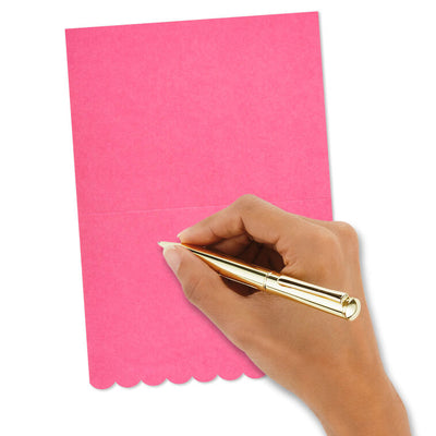 White note cards with gold foil script and scalloped pink edge, bundled in kraft paper wrap.