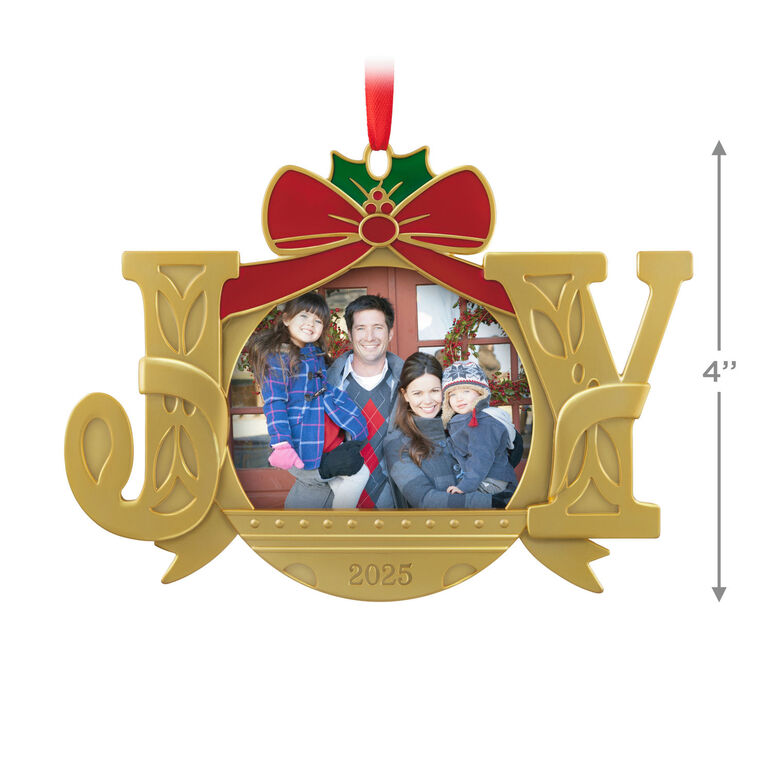 Gold JOY word-art photo frame ornament with red bow and holly topper, features 2025 date and holds a small holiday photo.
