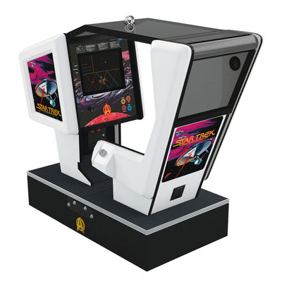 Hallmark Star Trek arcade game ornament—miniature 1980s simulator cabinet with screen, joystick, and seat, lights and sound