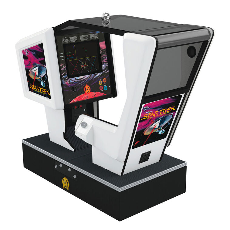 Hallmark Star Trek arcade game ornament—miniature 1980s simulator cabinet with screen, joystick, and seat, lights and sound