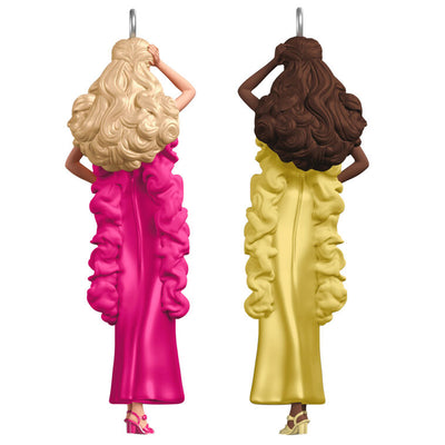 Set of two mini ornaments: Superstar Barbie in pink gown and Superstar Christie in yellow gown, Hallmark Keepsake fashion collectibles