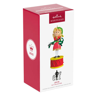 Jovie ornament, Elf movie character in red dress with green scarf, Hallmark Keepsake, Christmas tree decoration, light and sound feature.
