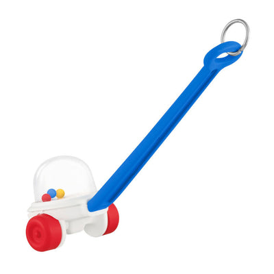 Mini Corn Popper ornament with red wheels, blue handle, and clear dome filled with colorful popping balls.

