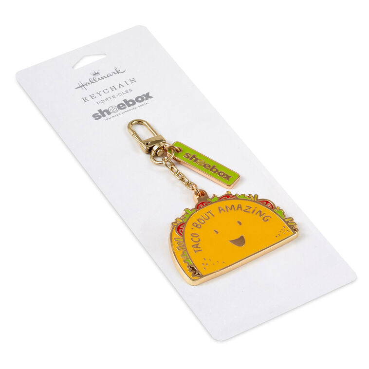 Hallmark taco keychain with smiling yellow taco charm and “Taco &