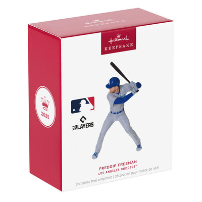 Freddie Freeman ornament in Dodgers #5 uniform swinging bat, Hallmark Keepsake baseball Christmas decoration for Los Angeles Dodgers fans.