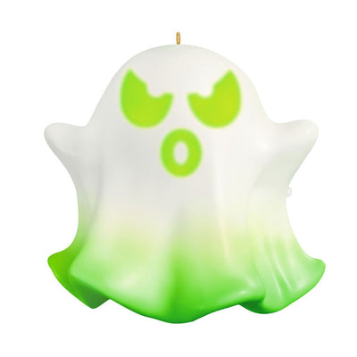 Animated ghost Halloween ornament with light, sound, and spooky phrases, compatible with Hallmark power cord