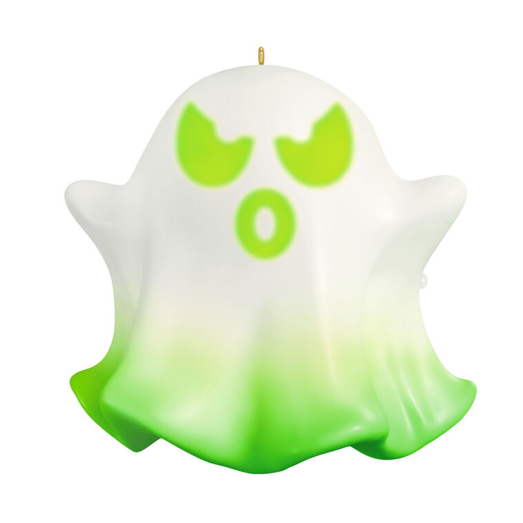 Animated ghost Halloween ornament with light, sound, and spooky phrases, compatible with Hallmark power cord