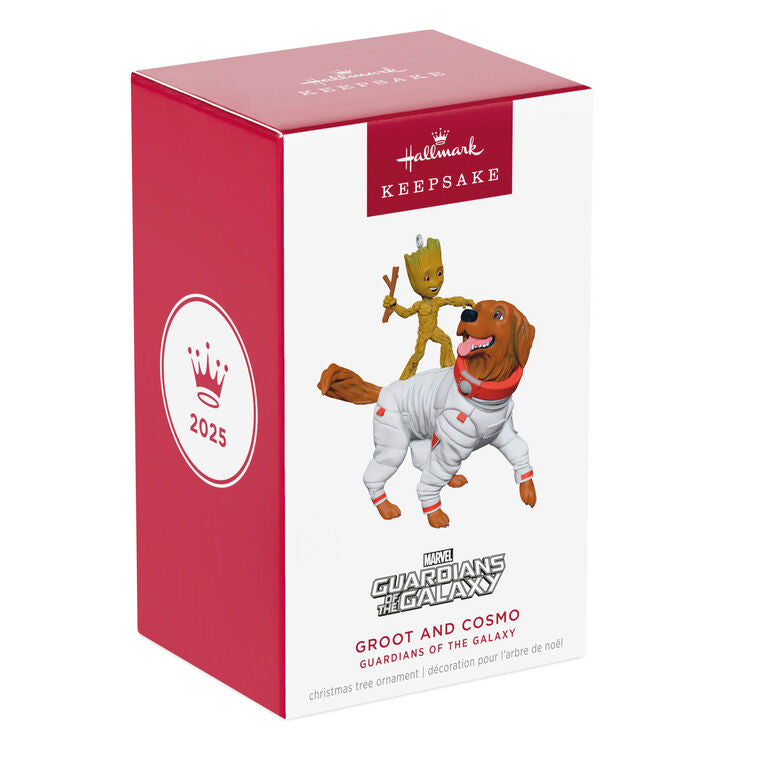 Groot and Cosmo ornament, Guardians of the Galaxy, playful dog and tree hero, Hallmark Keepsake, Christmas tree decoration.
