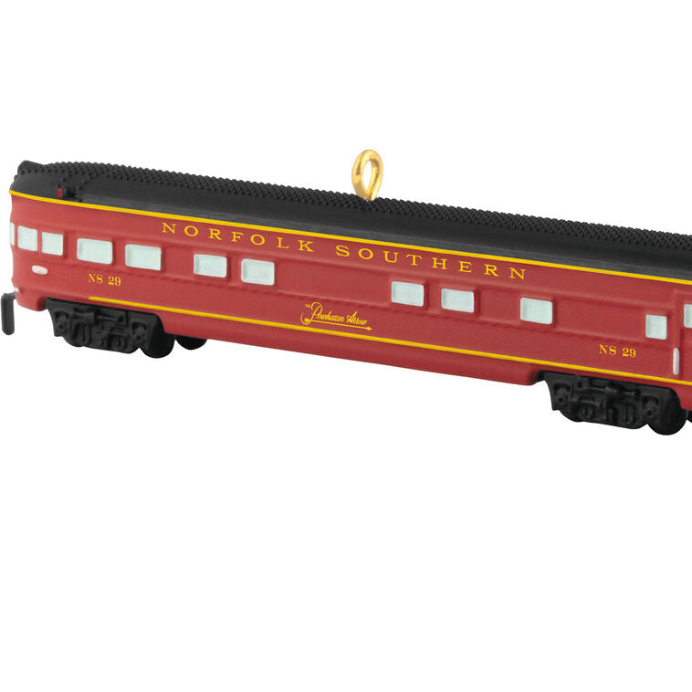 Hallmark Keepsake Mini Lionel Norfolk and Western Passenger Set ornaments—black steam engine, tender car, and red/yellow passenger car, set of three
