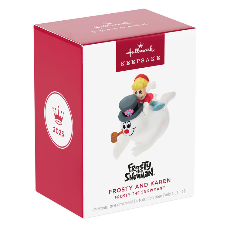 Frosty the Snowman ornament by Hallmark Keepsake featuring Frosty sliding down a snowy hill with Karen on his back from the classic holiday special.