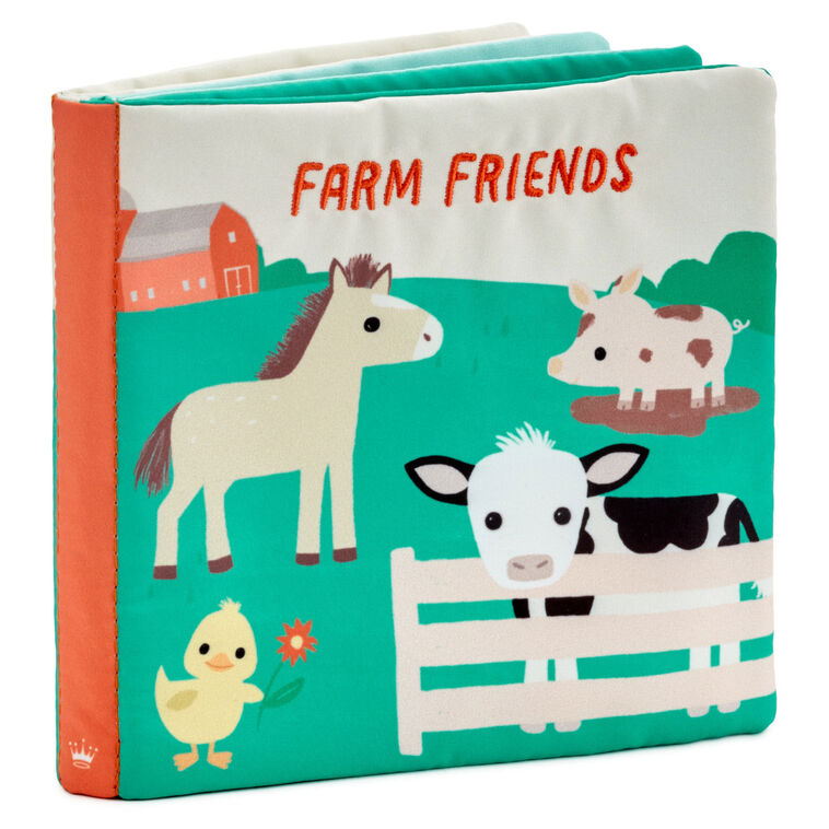 Farm-themed touch-and-feel baby book with soft fabric pages featuring baby duck, pig, horse, and cow illustrations.
