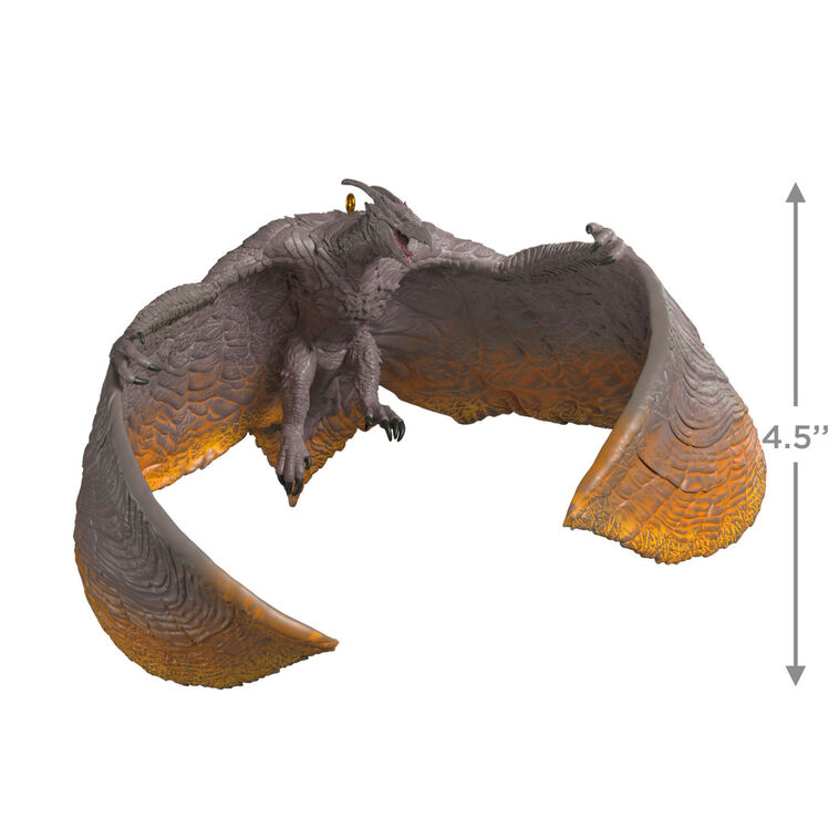 Rodan ornament, fiery-winged pterosaur in flight from Godzilla: King of the Monsters, detailed Hallmark Keepsake Christmas decor.