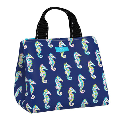 SCOUT Eloise insulated lunch tote in Sea Biscuit print with zip closure, top handles, and exterior pocket for utensils and napkins.