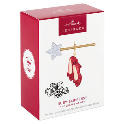 Hallmark Keepsake Wizard of Oz Ruby Slippers ornament with glittery shoes and magic wand inspired by Glinda the Good Witch.