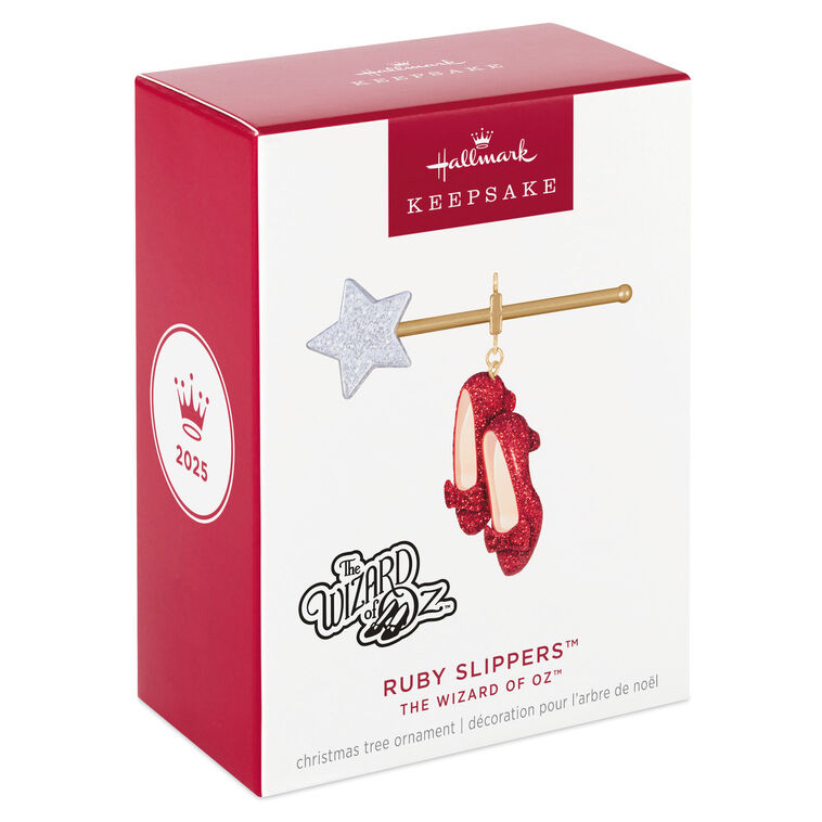 Hallmark Keepsake Wizard of Oz Ruby Slippers ornament with glittery shoes and magic wand inspired by Glinda the Good Witch.