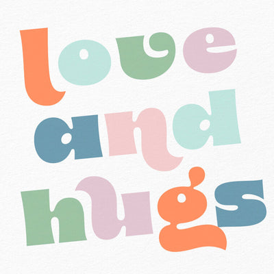 Pastel mod-style “Love and Hugs” blank note cards with gold foil frame on ivory paper, in kraft box.
