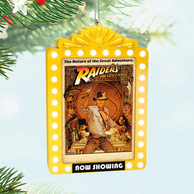 Hallmark Keepsake ornament featuring Raiders of the Lost Ark™ poster in yellow marquee frame with continuous light effect.