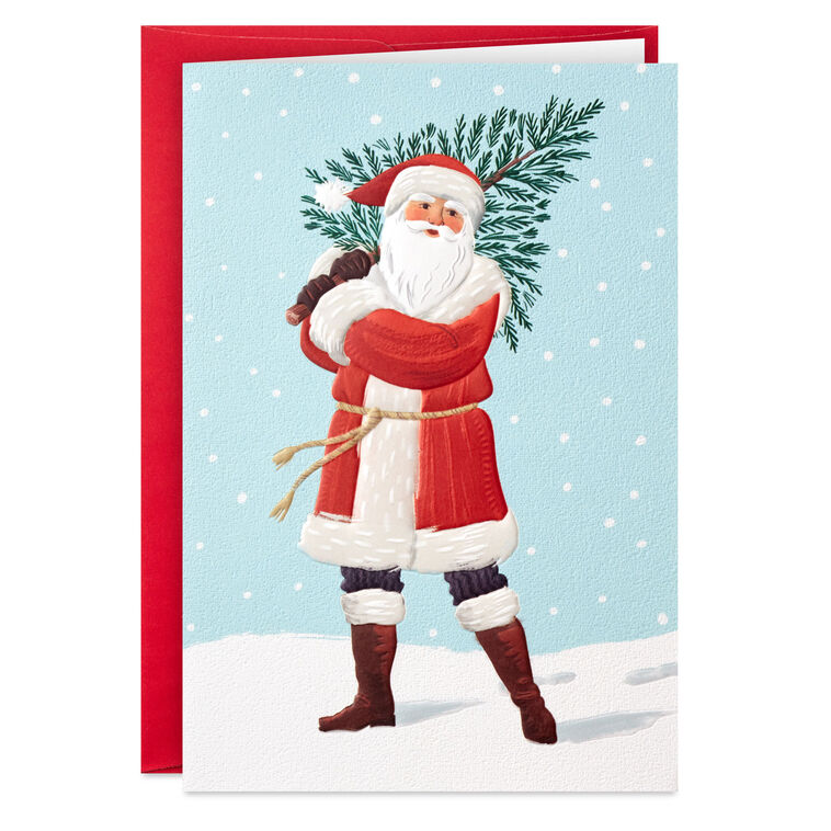 Santa Carrying Fir Tree Packaged Christmas Cards, Set of 5