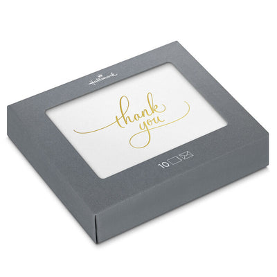 White thank you cards with elegant gold script and flourishes, includes 10 blank cards and envelopes for weddings and celebrations
