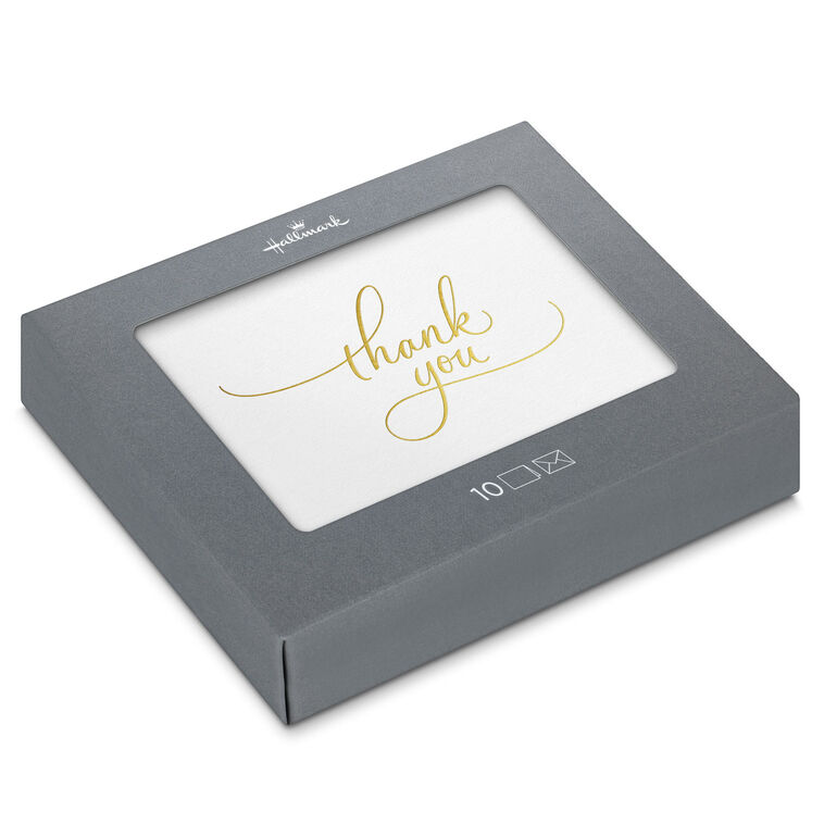 White thank you cards with elegant gold script and flourishes, includes 10 blank cards and envelopes for weddings and celebrations
