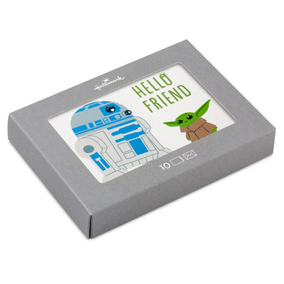 Hallmark Star Wars note cards featuring R2-D2 and Grogu with “Hello Friend” text on a white background, boxed set of 10 with envelopes.
